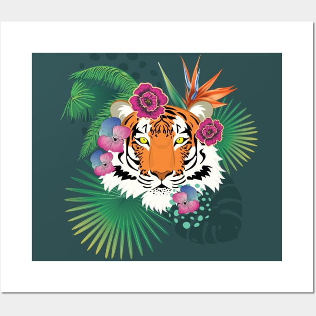 Red tiger head with tropical foliage Wall Art by AnnArtshock